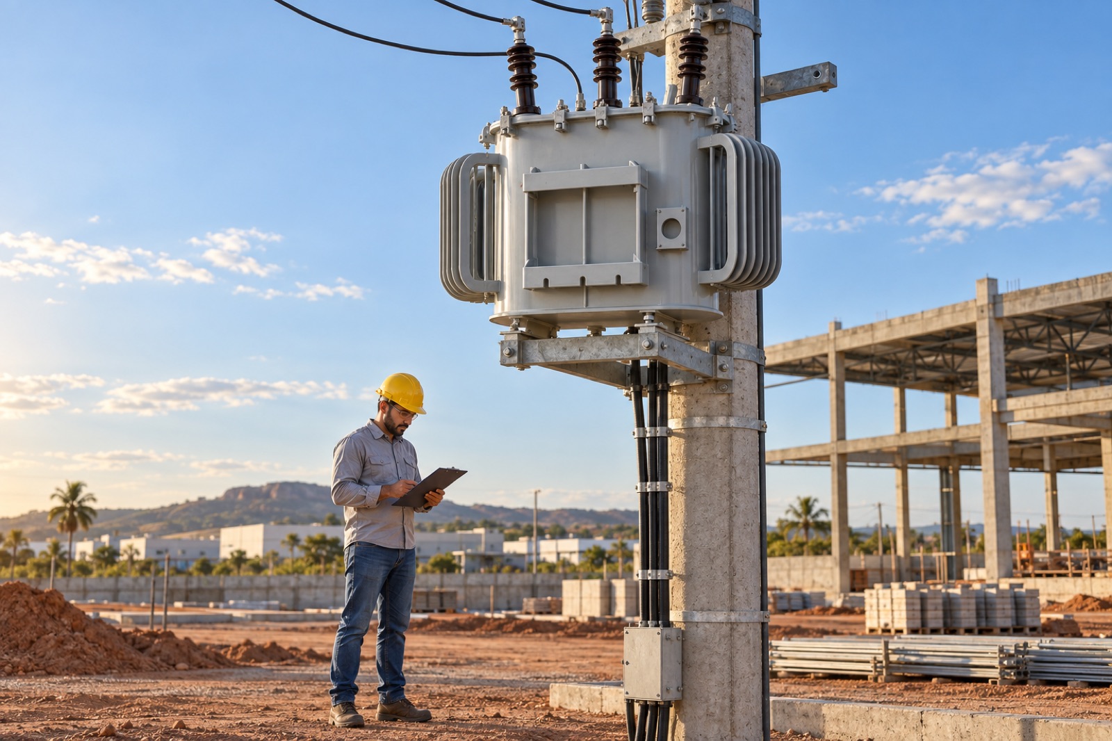 Engenheiro confere o projeto ao lado de um transformador de distribuição instalado em poste numa obra