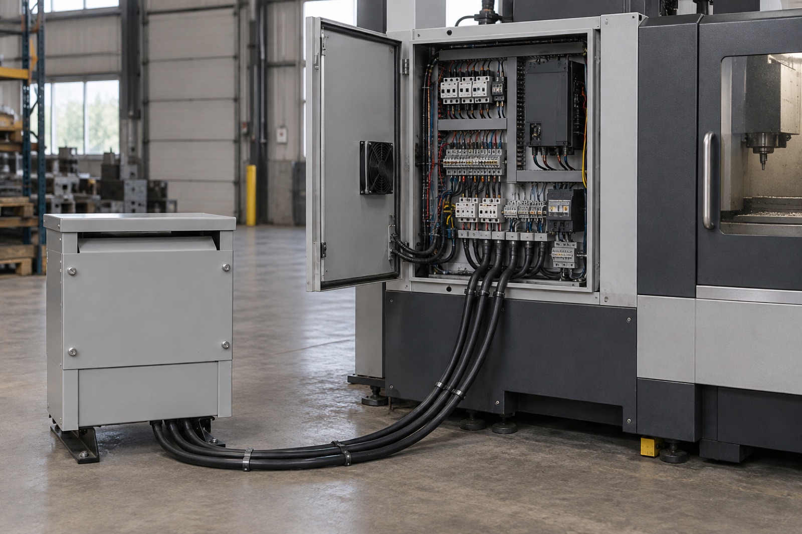 Máquina industrial ligada a um autotransformador trifásico no galpão