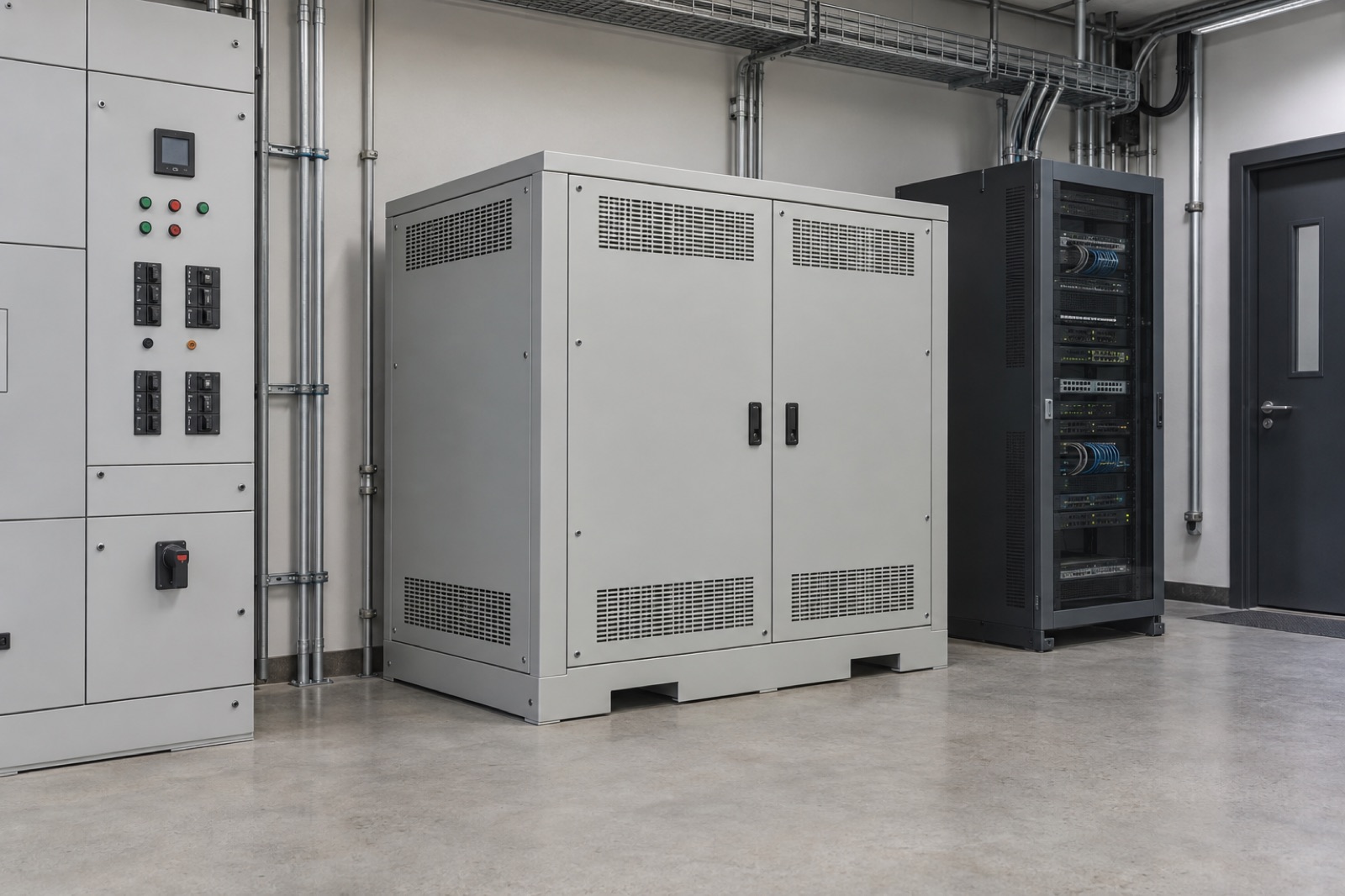 Transformador isolador a seco instalado em sala técnica ao lado de painel elétrico